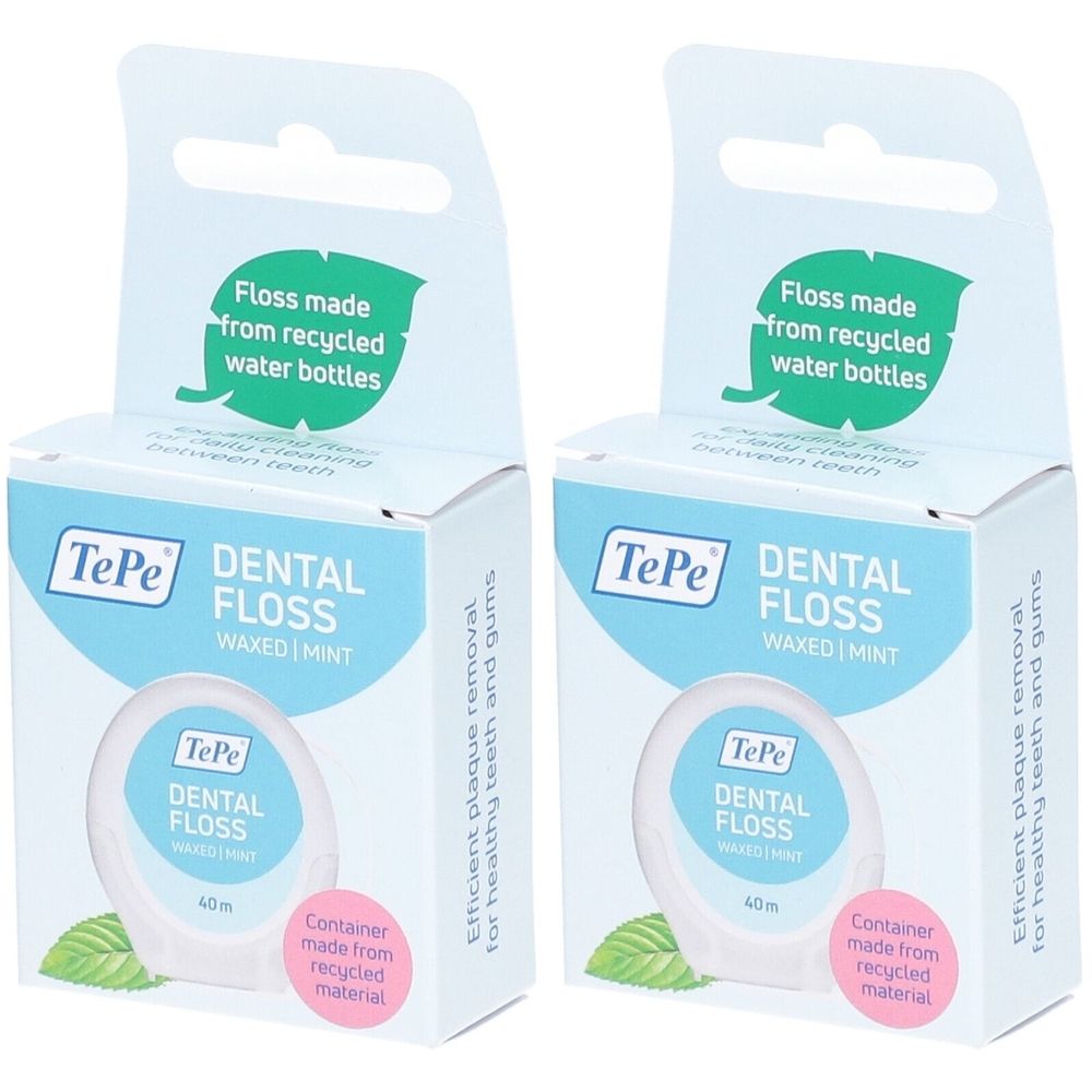 Zwei Schachteln mit Zahnseide. Aufschrift: TePe DENTAL FLOSS WAXED | MINT. Floss aus recycelten Wasserflaschen. 40m.