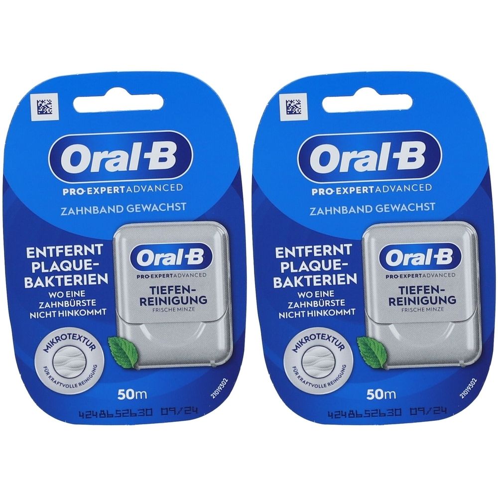 Zwei Packungen Oral-B Pro-Expert Advanced Zahnseide. Blaue Verpackung mit Produktnamen und Text. Enthält 50m Zahnseide.