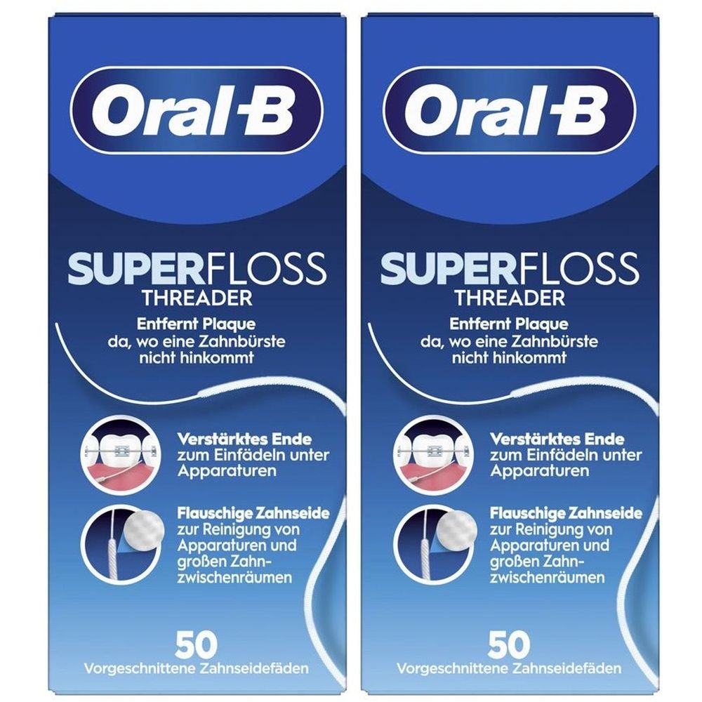 Zwei Packungen Oral-B Superfloss Threader. Blaue Verpackung mit Produktnamen und Illustrationen. Enthält 50 vorgeschnittene Zahnseidefäden.
