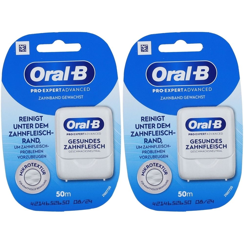 Zwei Packungen Zahnseide. Blaue Verpackung mit weißem Behälter. Enthält die Marke Oral-B und Text für gesundes Zahnfleisch.
