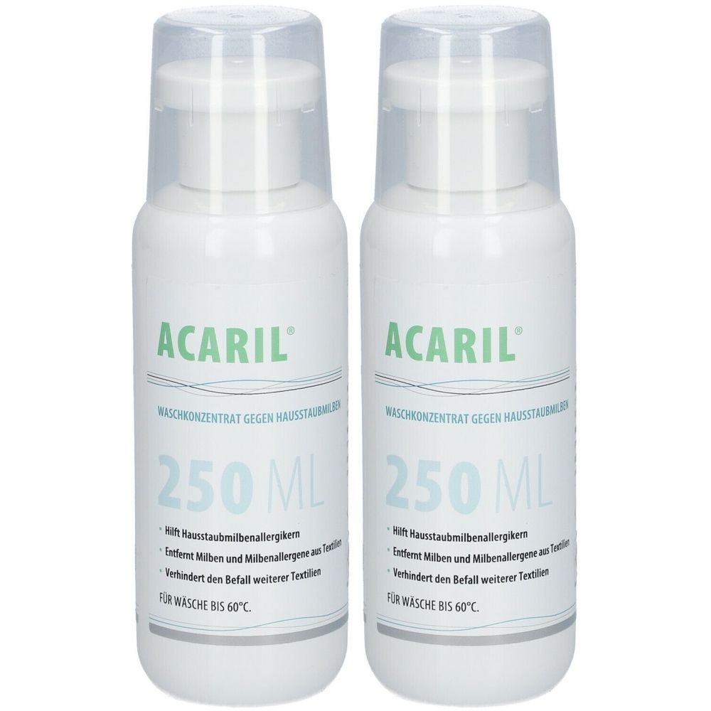 Zwei weiße Flaschen ACARIL Waschkonzentrat. Jede Flasche hat einen transparenten Deckel und enthält 250 ml. Aufschrift: Waschkonzentrat gegen Hausstaubmilben.