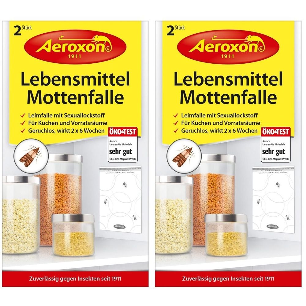 Zwei Packungen Aeroxon Lebensmittelmotten-Falle. Gelbe Verpackung mit Produktname und Logo. ÖKO-TEST Siegel.