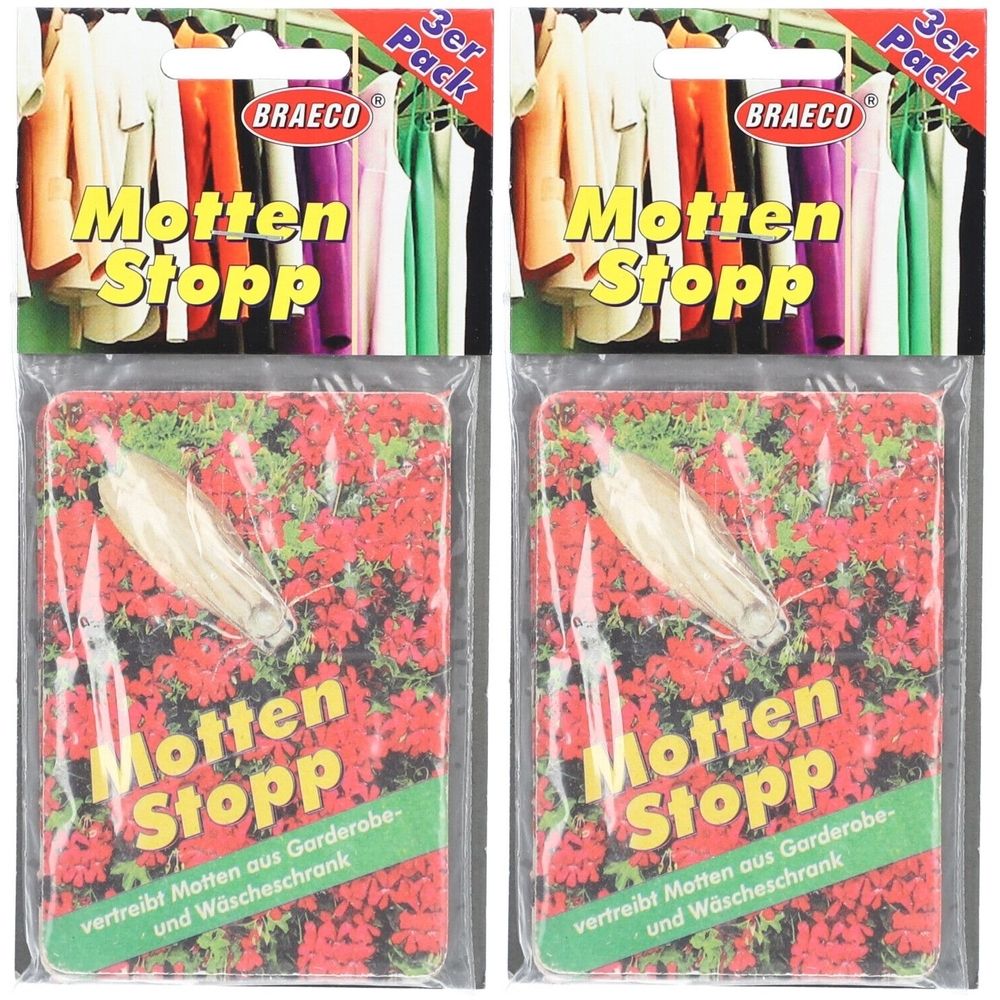 Zwei Packungen Mottenstopp zum Aufhängen. Jede Packung enthält ein Produkt in Folie. Aufdruck: Motten Stopp, BRAECO, 3er Pack.