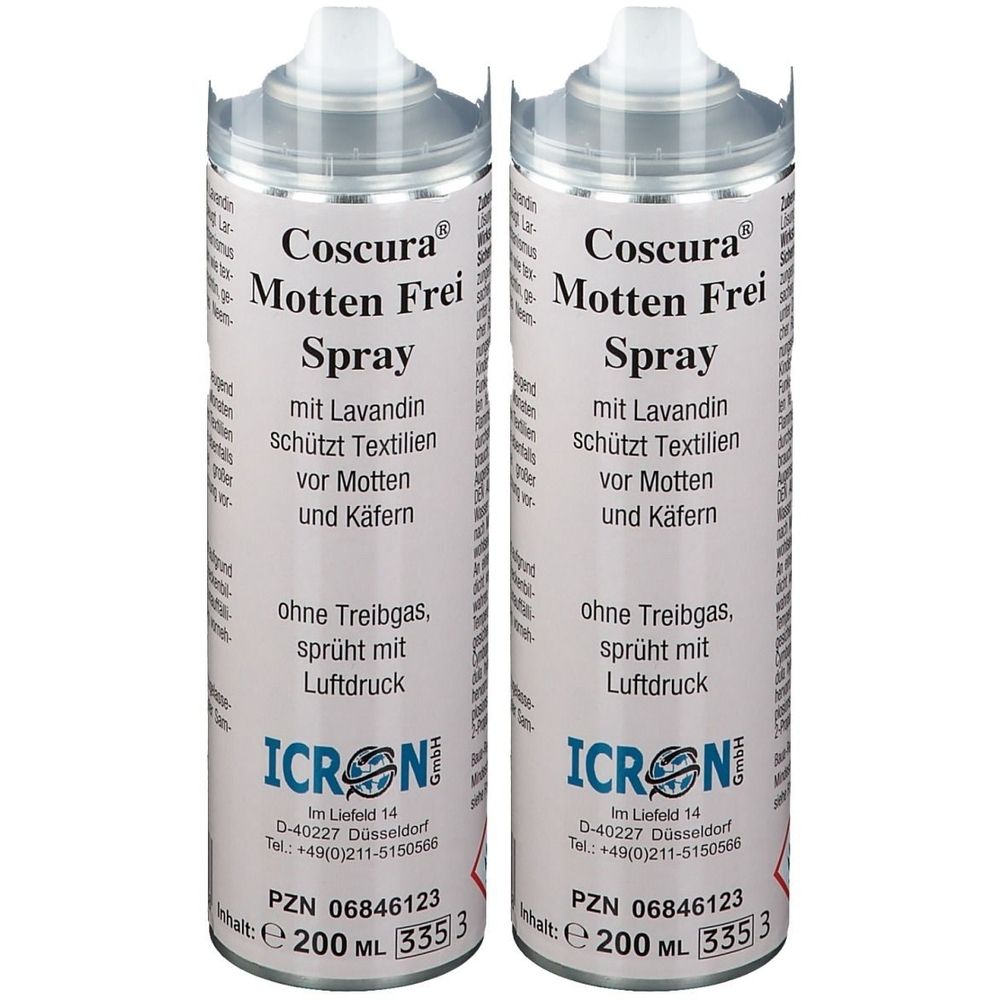 Zwei Sprühdosen mit weißem Deckel. Aufschrift: Coscura Motten Frei Spray. Enthält Lavandin. Ohne Treibgas, sprüht mit Luftdruck.