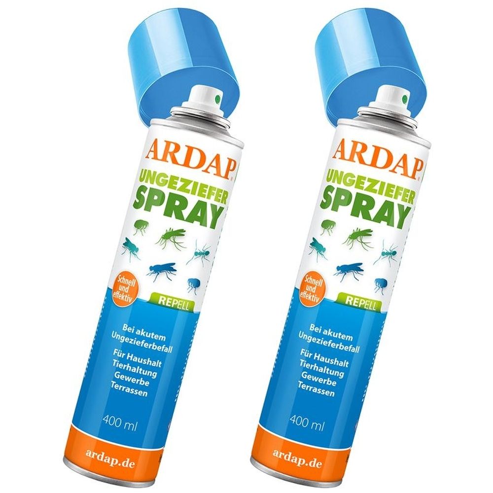 Zwei Sprühdosen mit blauem Deckel. Aufschrift: ARDAP UNGEZIEFER SPRAY. Enthält Insektensymbole. Text: REPELL, 400 ml.