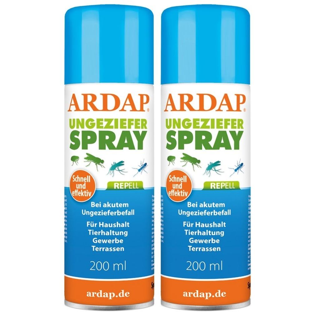 Zwei ARDAP Ungezieferspray-Sprühdosen. Weiß, blau und orangefarbene Etiketten mit Produktnamen und Inhaltsangaben. 200 ml.
