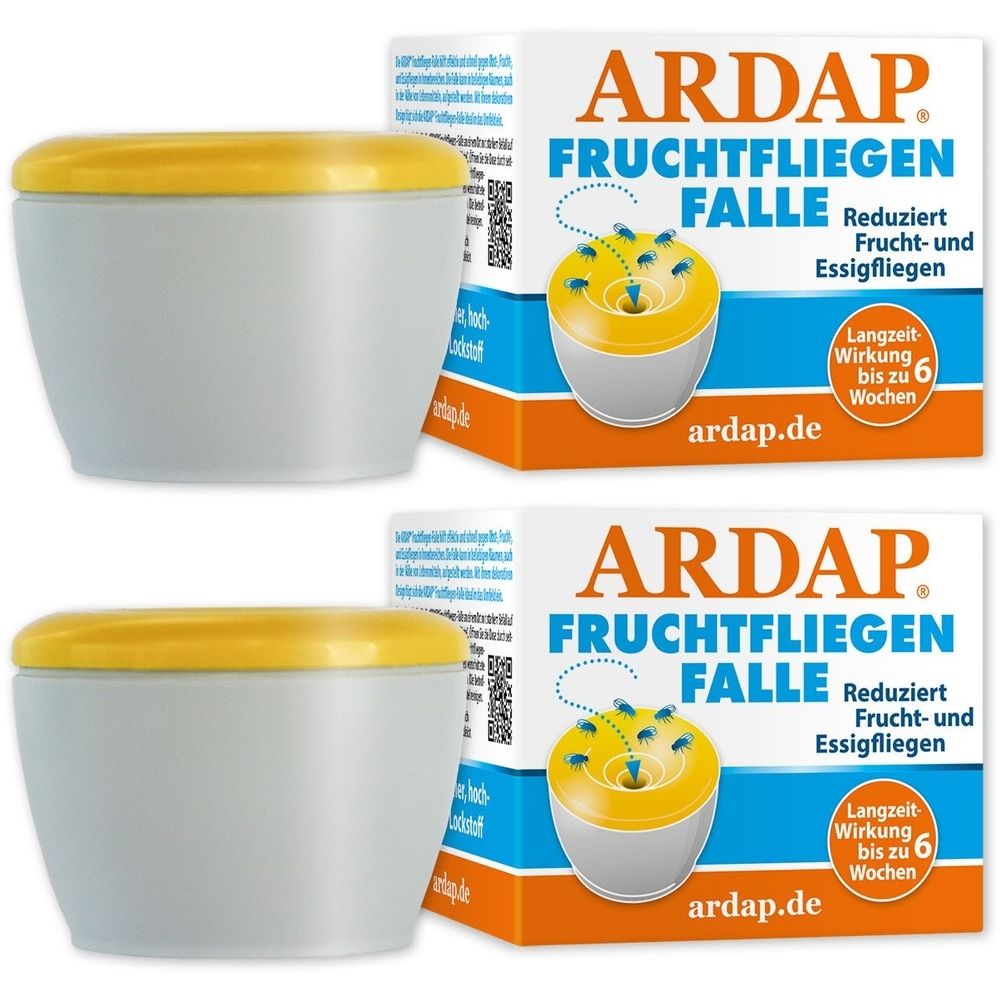 Zwei graue Fallen mit gelbem Deckel und Produktverpackung. Aufschrift: ARDAP Fruchtfliegen Falle. Reduziert Frucht- und Essigfliegen.