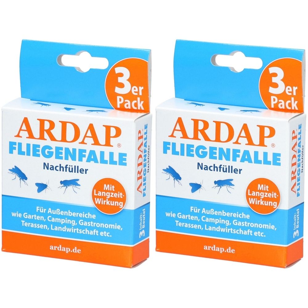 Zwei Kartons ARDAP Fliegenfalle Nachfüller. Blaue und orangefarbene Verpackung. Aufdruck: 3er Pack, Insektensilhouetten, Text.