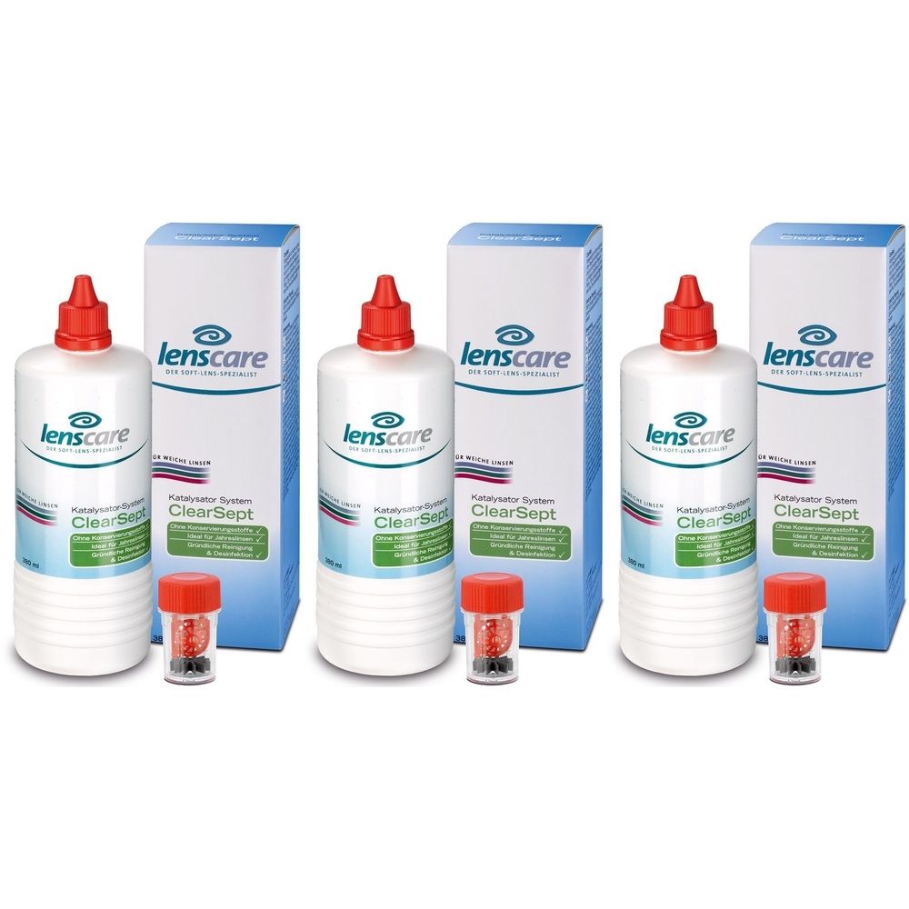 Drei Flaschen und Behälter von Lenscare Clearsept. Weiße Flaschen mit rotem Verschluss, blaue Verpackung. Enthält Behälter für Kontaktlinsen.