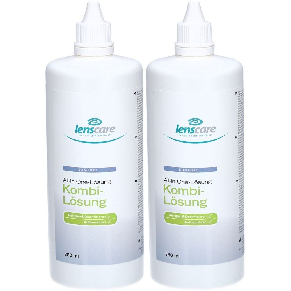 Zwei weiße Flaschen mit weißem Deckel. Aufschrift: lenscare, All-in-One-Lösung Kombi-Lösung. 380 ml.
