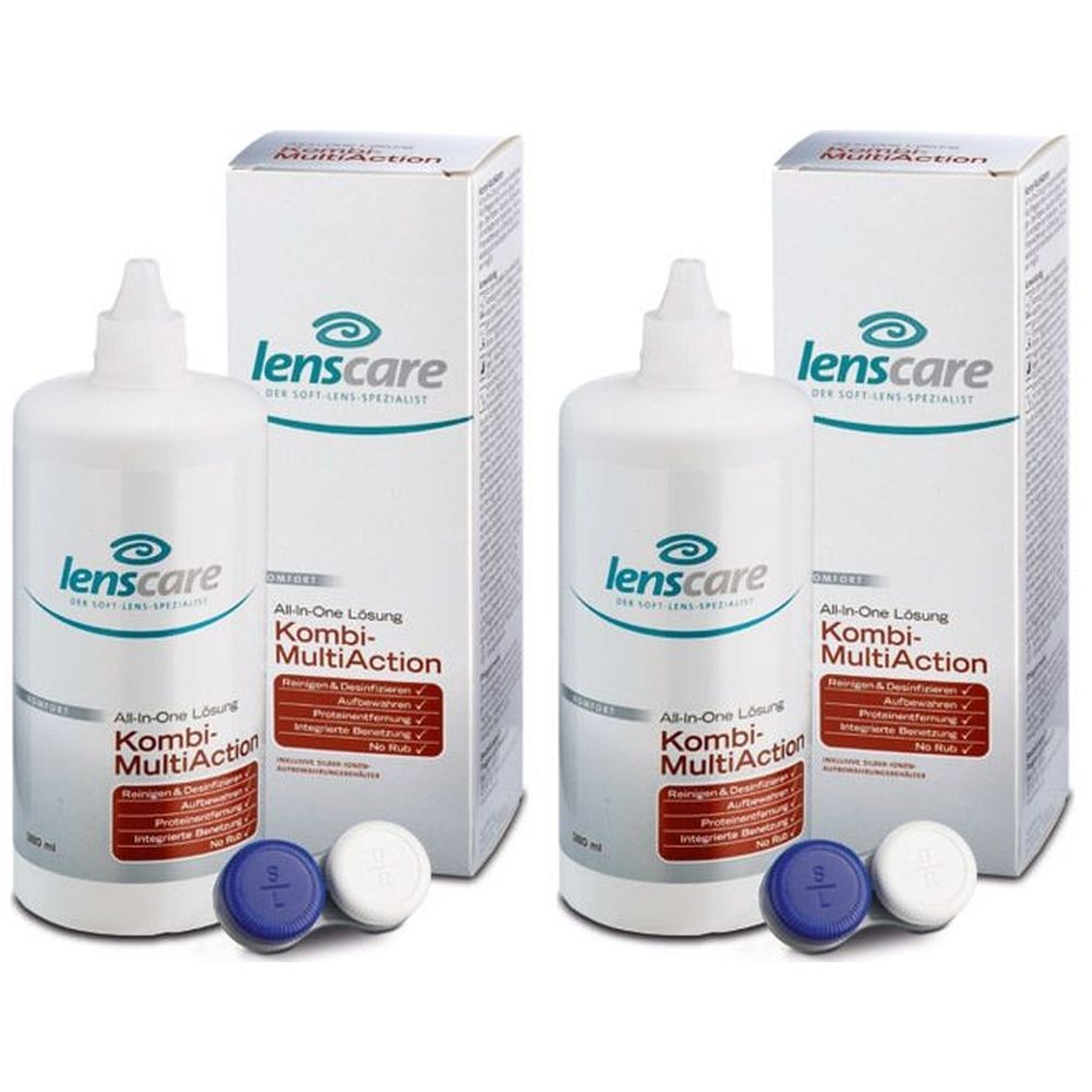 Zwei Flaschen und Verpackungen von Lenscare Kombi MultiAction. Weiße Flaschen mit blauem und weißem Behälter für Kontaktlinsen.