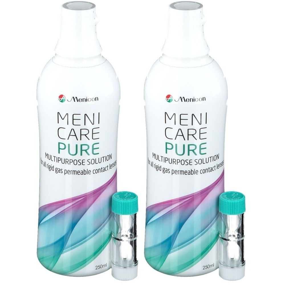 Zwei Flaschen Meni Care Pure Mehrzwecklösung mit zwei Behältern für Kontaktlinsen. Aufschrift: Menicon, Pure.
