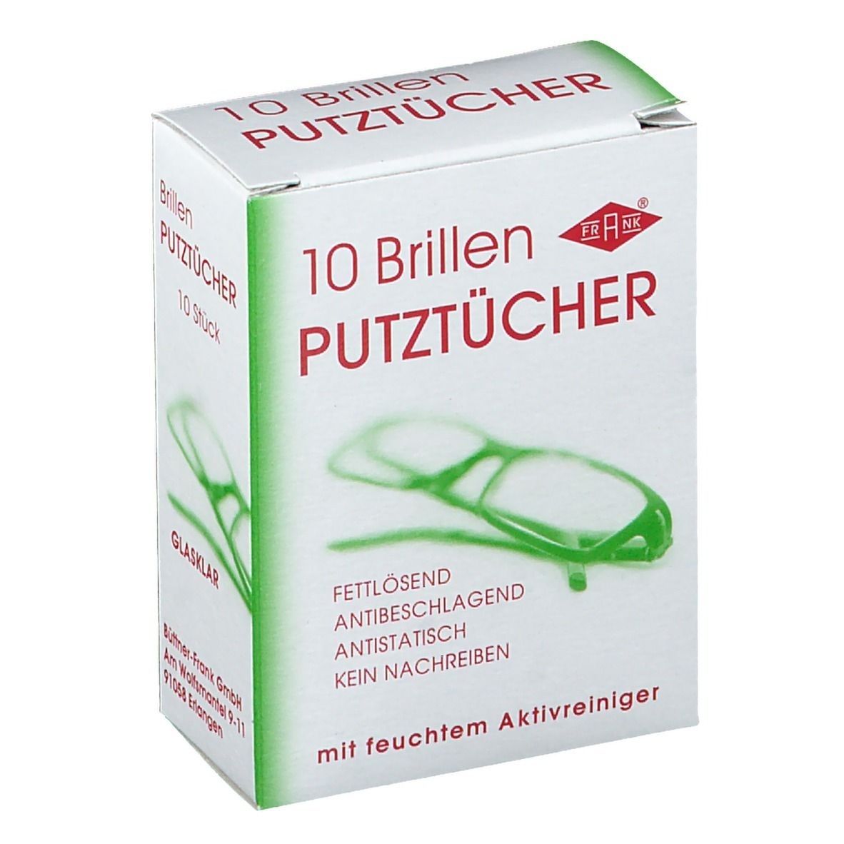 Verpackung mit 10 Brillenputztüchern. Weißer Karton mit roter Schrift und FRANK® Logo. Enthält feuchten Aktivreiniger.