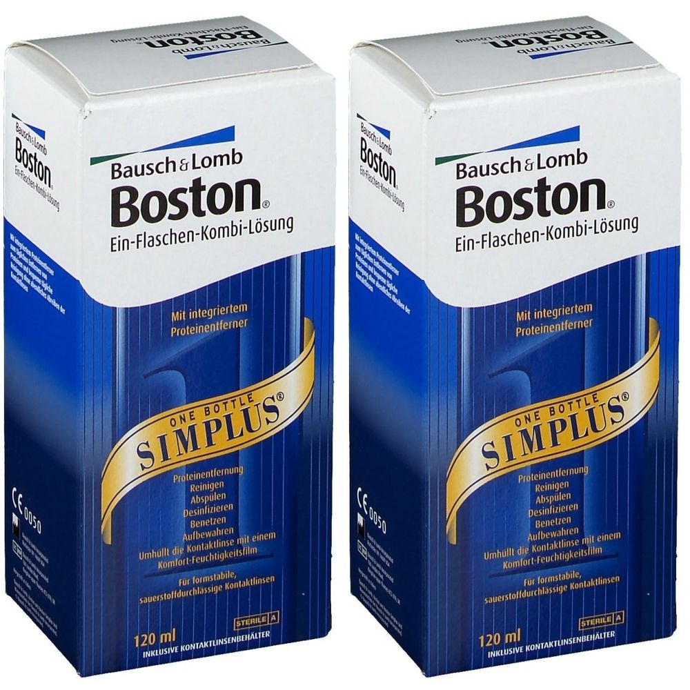 Zwei Schachteln Boston SIMPLUS®. Blaue und weiße Verpackung mit Produktnamen und Logos. Enthält 120 ml.