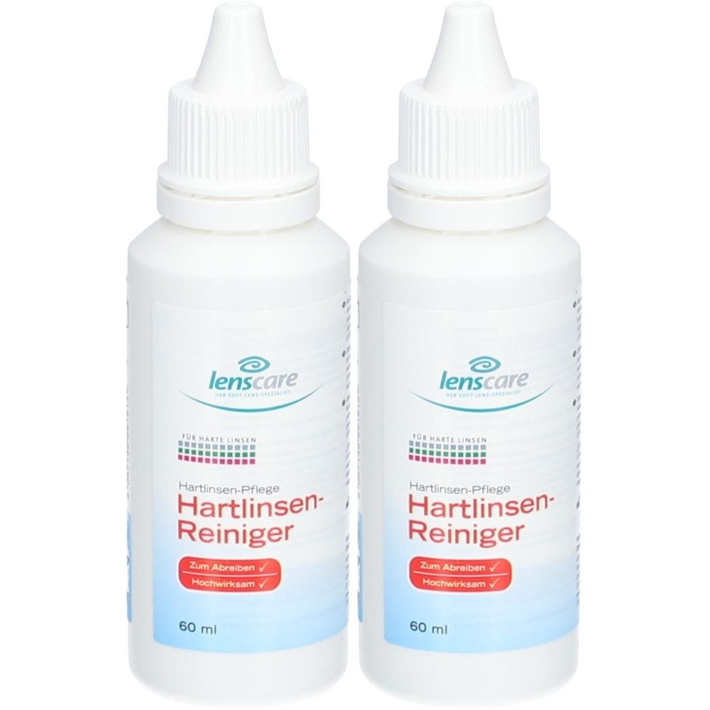 Zwei weiße Flaschen mit Schraubverschluss. Aufschrift: lenscare, Hartlinsen-Reiniger. Rote Markierung. Volumen: 60 ml.