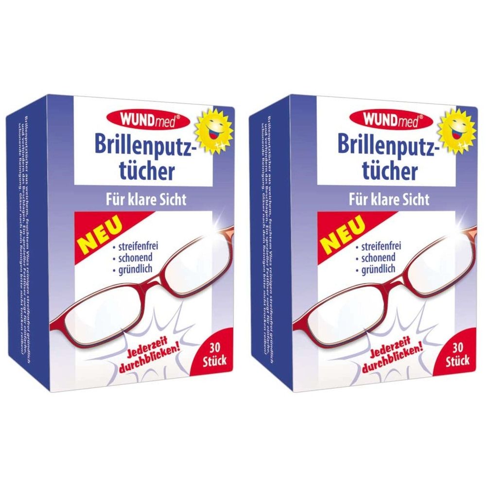 Zwei Schachteln WUNDmed Brillenputztücher. Blaue Verpackung mit Produktnamen, Sonnenlogo und Brillenabbildung. Enthält 30 Tücher.