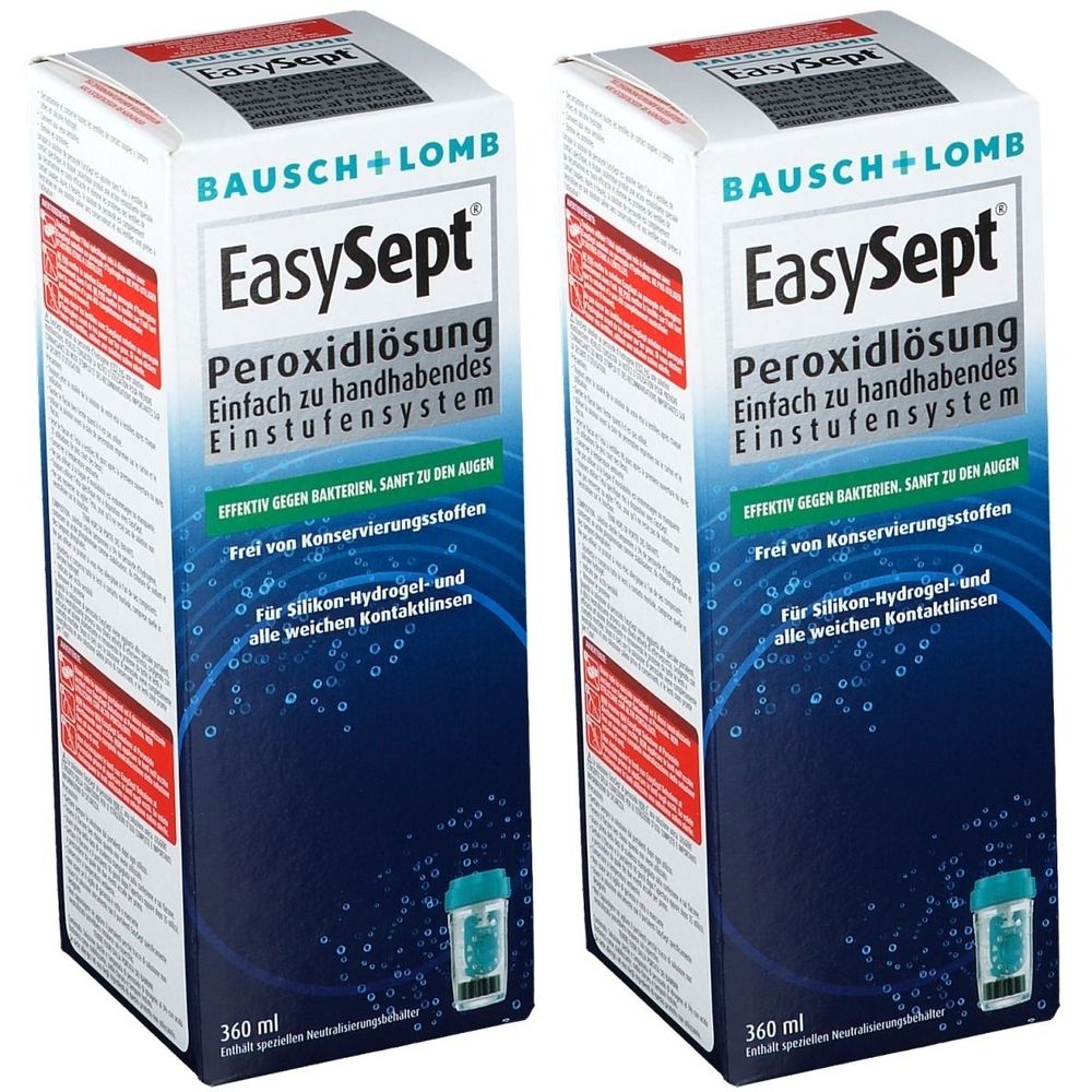 Zwei Packungen EasySept Peroxidlösung. Aufschrift: Bausch + Lomb, EasySept, Peroxidlösung, für Kontaktlinsen. 360 ml.