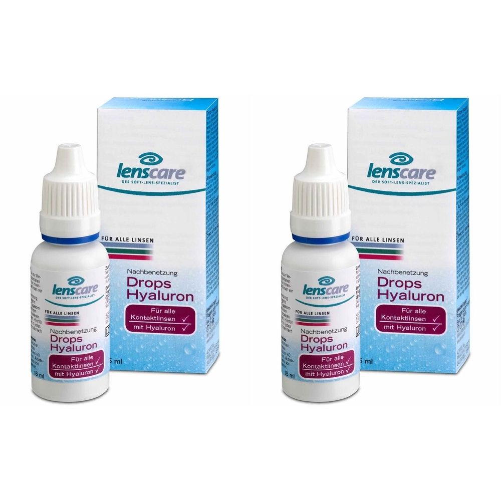 Zwei Flaschen und Verpackungen von lenscare Drops Hyaluron. Weiße Flaschen mit blauem Verschluss und Etikett. Karton mit Produktnamen.