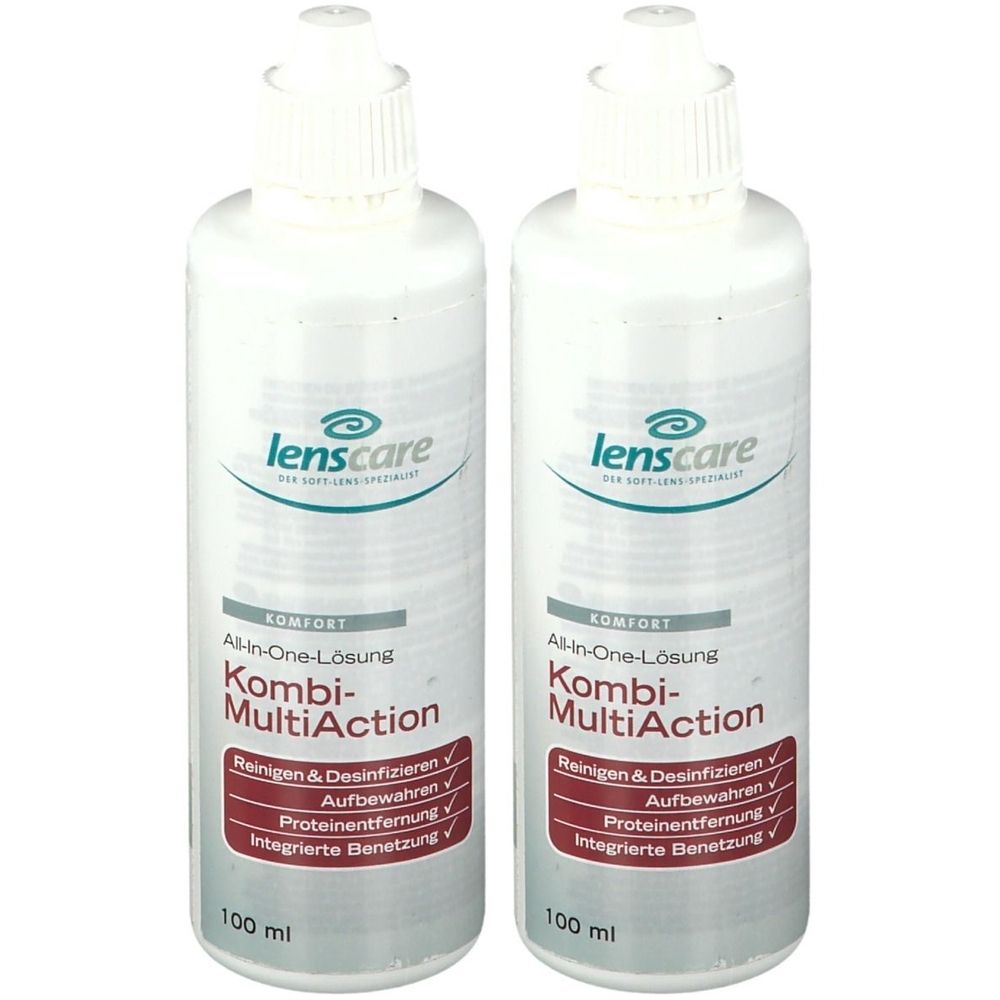 Zwei weiße Flaschen mit weißem Deckel. Aufschrift: lenscare Kombi-MultiAction. Enthält 100 ml. Reinigen, desinfizieren, aufbewahren.