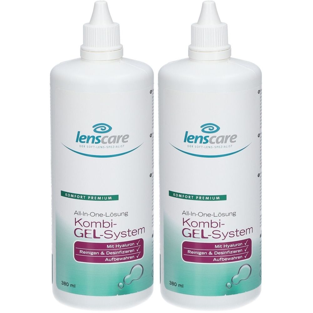 Zwei weiße Flaschen mit weißem Deckel. Aufschrift: lenscare Kombi-GEL-System. Enthält Hyaluron. Für Kontaktlinsen.