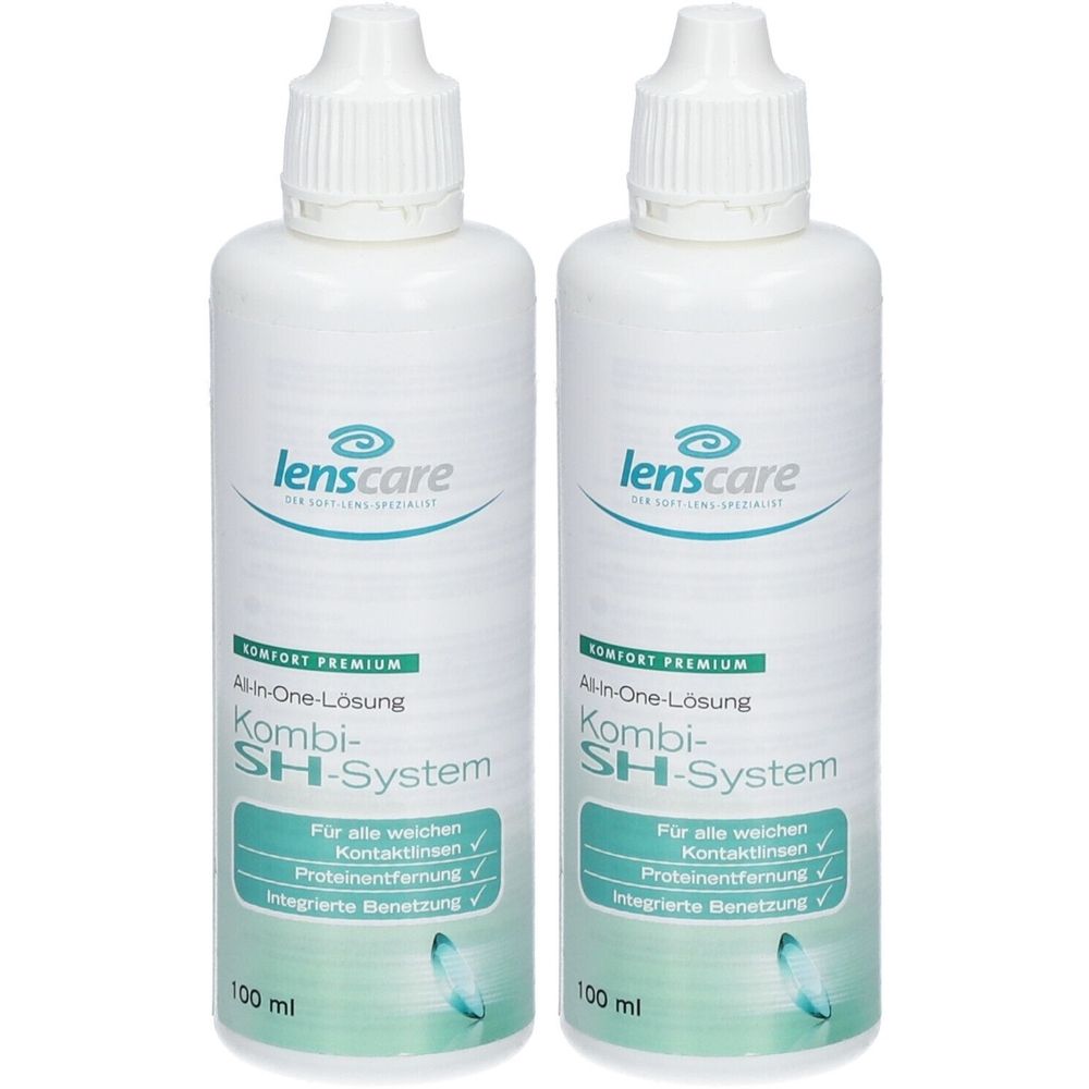 Zwei weiße Flaschen mit weißem Verschluss. Aufschrift: lenscare Kombi-SH-System, 100 ml.