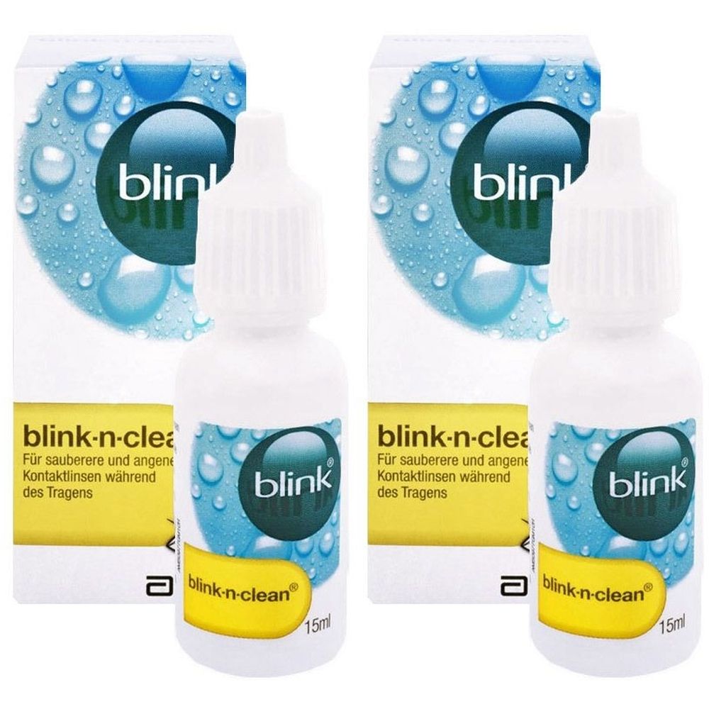 Zwei Flaschen mit weißem Deckel und Etikett. Aufschrift: blink-n-clean. Verpackung mit blauem Hintergrund und Wassertropfen.