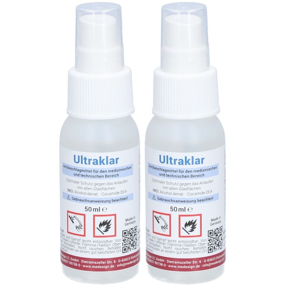 Zwei Sprühflaschen mit weißem Sprühkopf. Aufschrift: Ultraklar. Etikett mit Warnsymbolen und 50 ml.