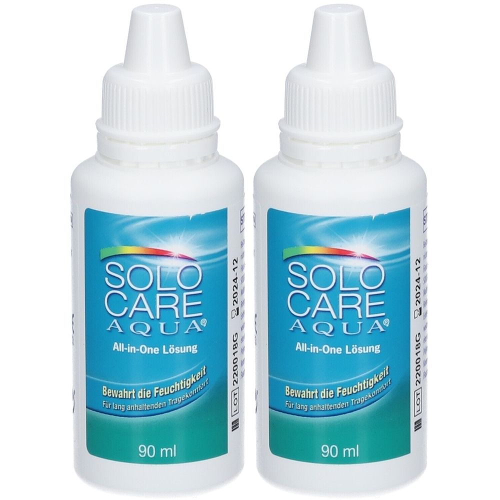 Zwei weiße Flaschen SOLO CARE AQUA All-in-One Lösung. Aufschrift: Bewahrt die Feuchtigkeit. 90 ml.