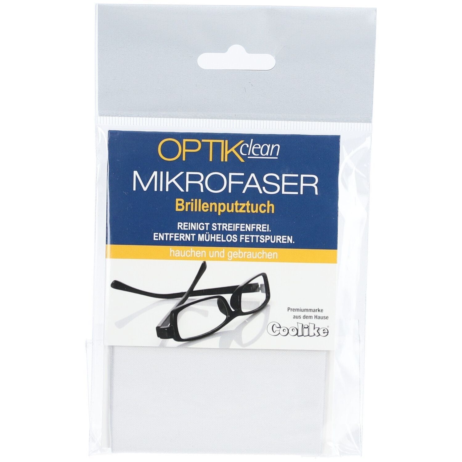 Verpackung mit Brillenputztuch aus Mikrofaser. Aufschrift: OPTIKclean MIKROFASER Brillenputztuch. Abgebildet ist eine Brille.