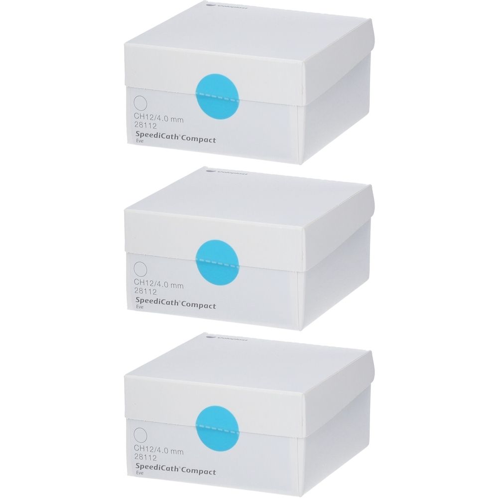 Drei weiße Kartons mit blauem Kreis. Aufschrift: CH12/4.0 mm, 28112, SpeediCath Compact.