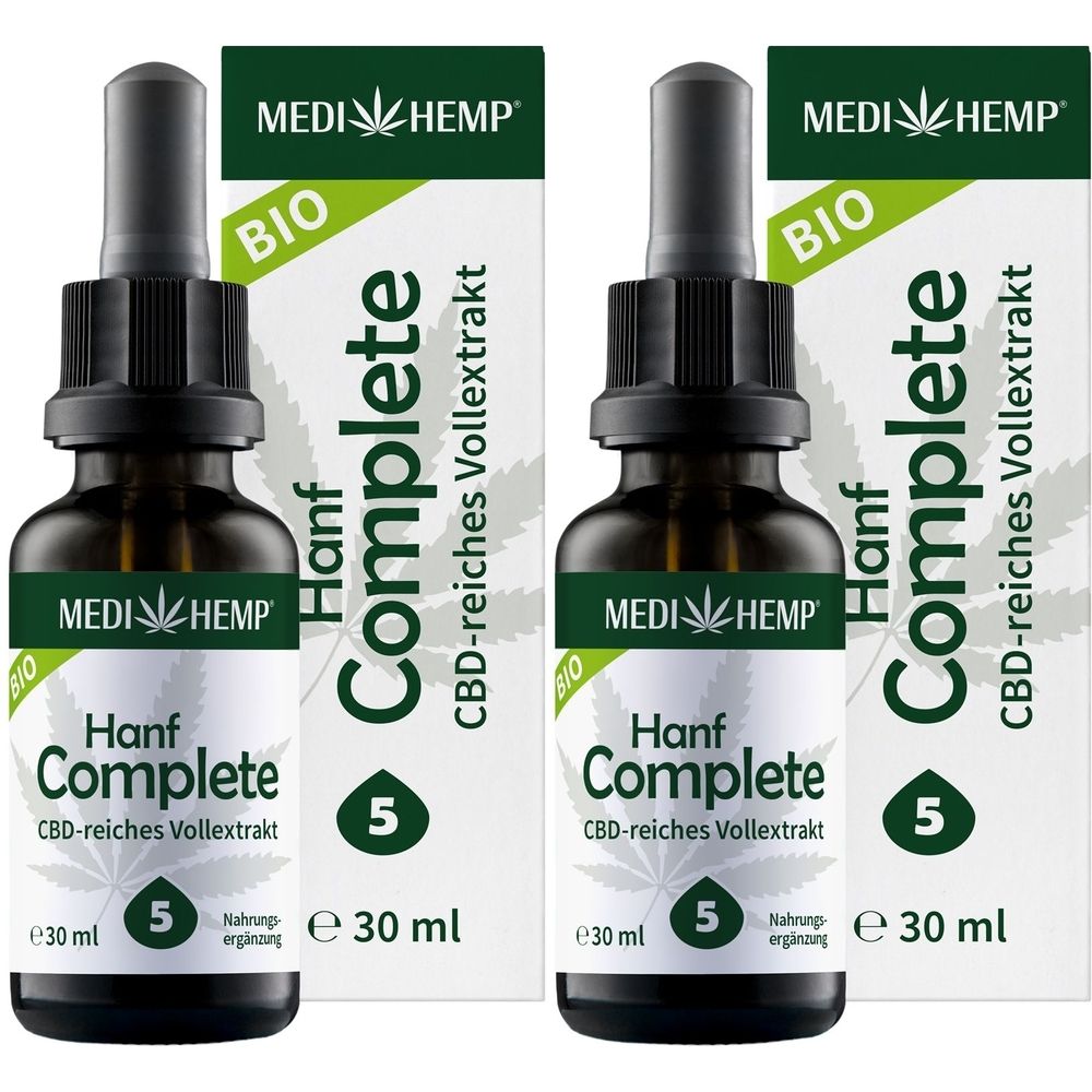 Zwei Flaschen mit Pipette und Verpackung. Aufschrift: Medihemp Hanf Complete 5%, CBD-reiches Vollextrakt, 30 ml.