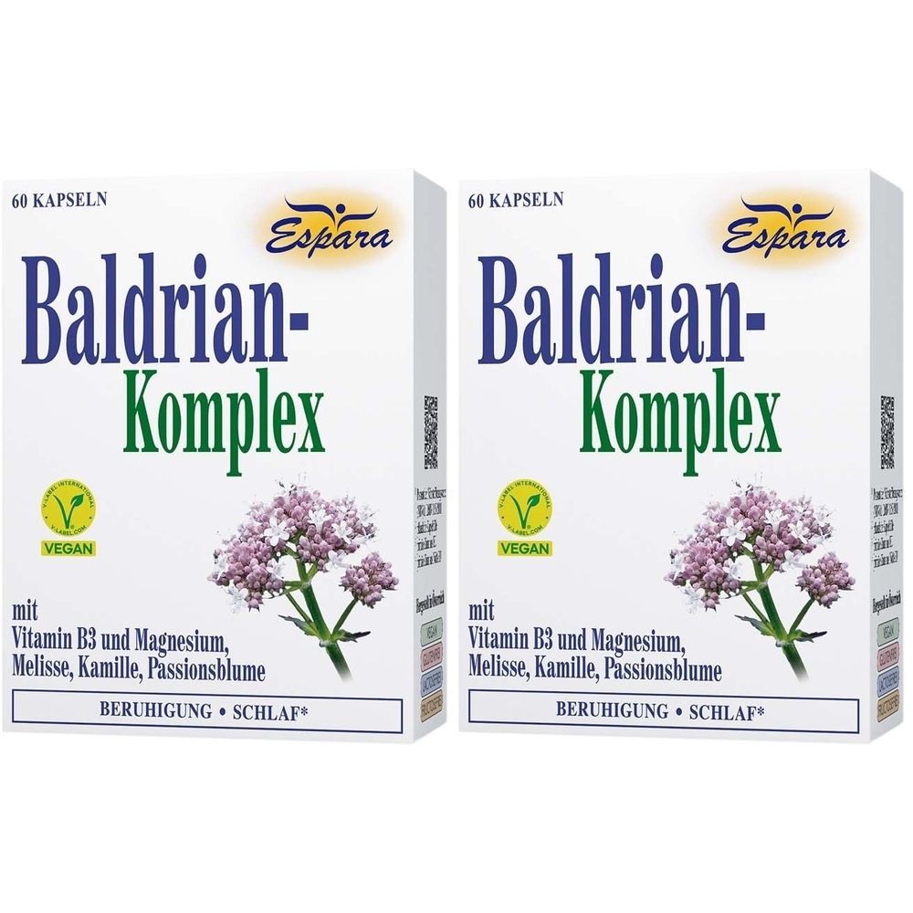 Zwei weiße Schachteln mit "Baldrian-Komplex"-Aufdruck. Logo "Espara", 60 Kapseln, vegan. Mit Inhaltsangaben und Blütenabbildung.