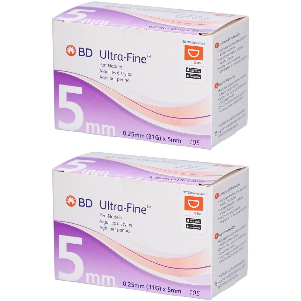 Zwei Kartons mit BD Ultra-Fine Pen-Nadeln. Aufschrift: 5 mm, 0,25 mm (31G) x 5 mm, 105 Stück. Logo und Produktname sichtbar.