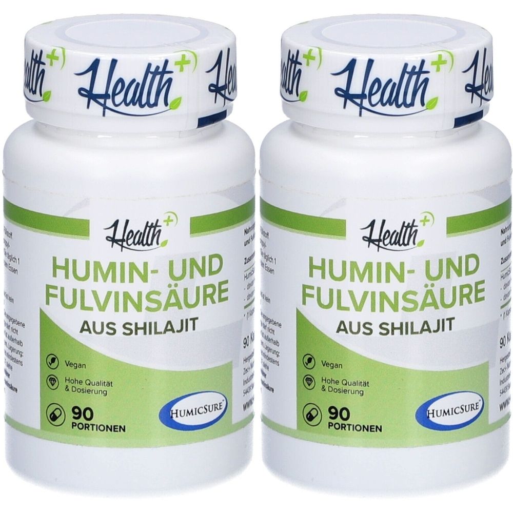 Zwei weiße Flaschen mit grünen Etiketten. Aufschrift: Health+, Humin- und Fulvinsäure, 90 Portionen, Vegan. Marke Humicsure.