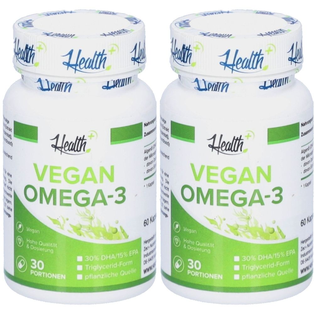 Zwei weiße Flaschen mit grünen und blauen Akzenten. Aufschrift: Vegan Omega-3. 30 Portionen. Deckel mit Health-Logo.
