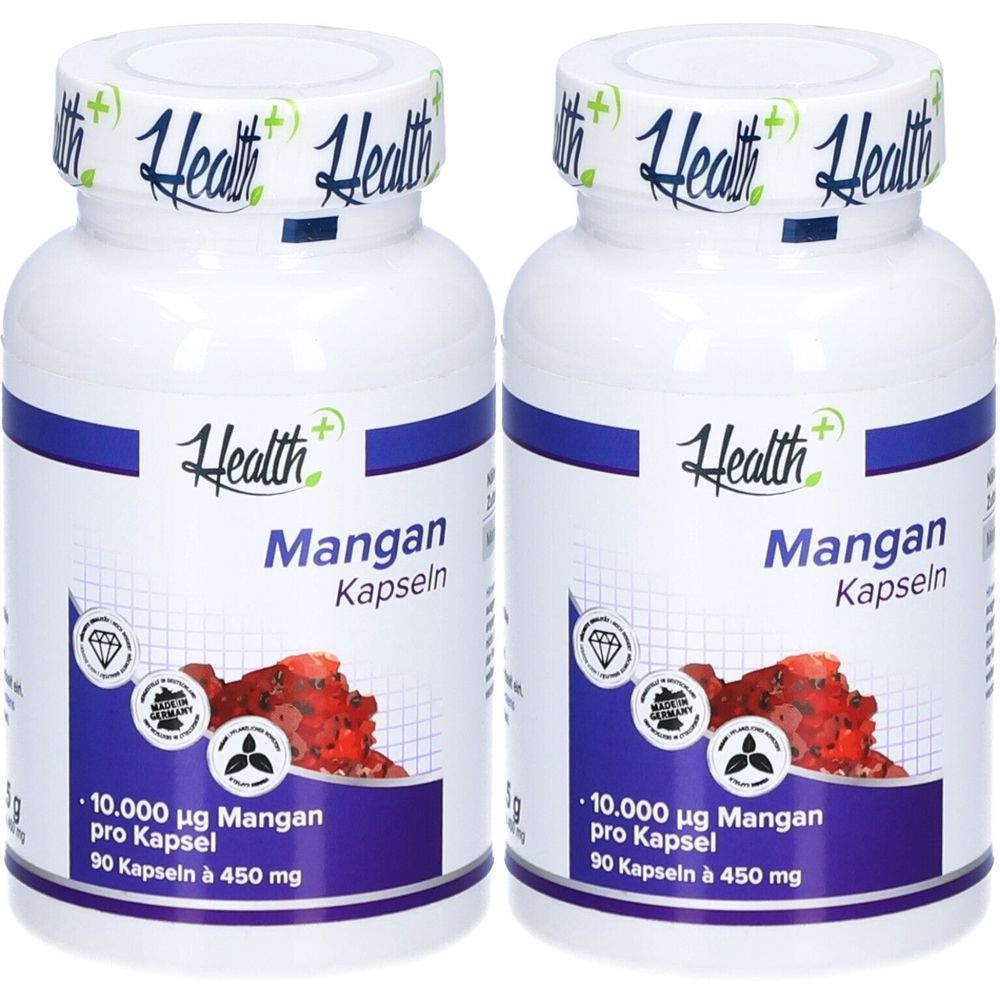 Zwei weiße Flaschen mit blauem Etikett. Aufschrift: Health+, Mangan Kapseln. Enthält 90 Kapseln. Mit Qualitätszeichen.