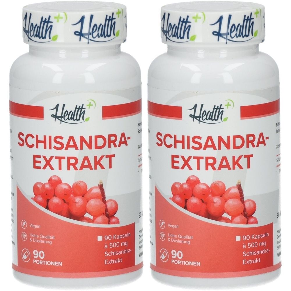 Zwei weiße Flaschen mit roter Beschriftung. Aufschrift: SCHISANDRA-EXTRAKT, 90 Portionen. Marke: Health.