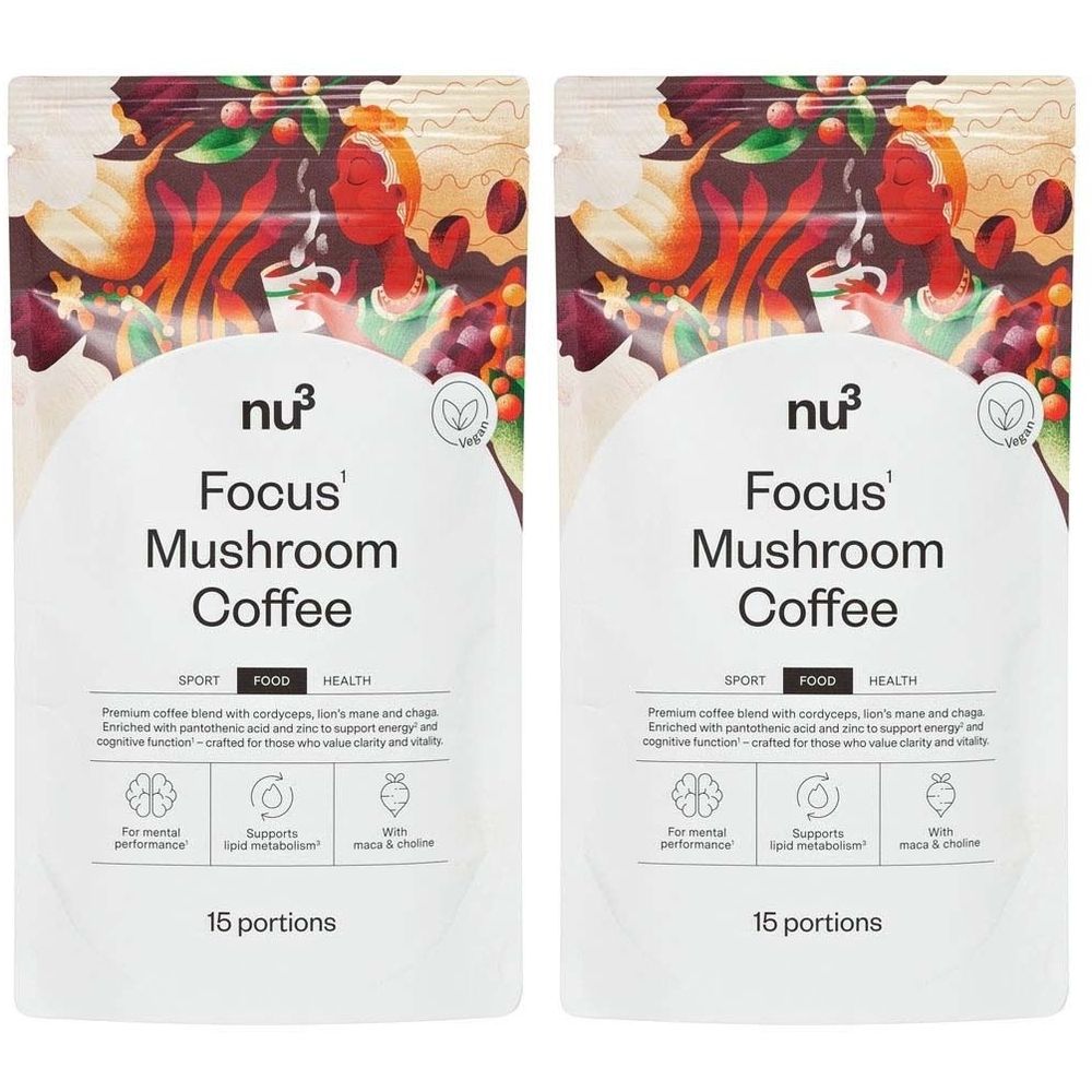 Zwei Beutel nu3 Focus' Mushroom Coffee. Aufschrift: Sport, Food, Health. Vegan-Siegel. 15 Portionen. Enthält Cordyceps, Lion's Mane und Chaga.