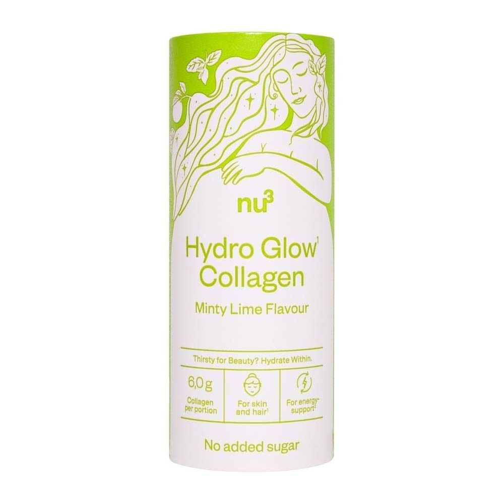 Zylindrische Verpackung mit "nu3 Hydro Glow Collagen". Grün-weißes Design mit Illustration einer Frau. Text: "Minty Lime Flavour", "6,0g Collagen".