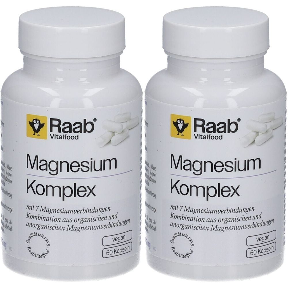 Zwei weiße Flaschen mit Kapseln. Aufschrift: Raab Vitalfood Magnesium Komplex. Vegan, 60 Kapseln.