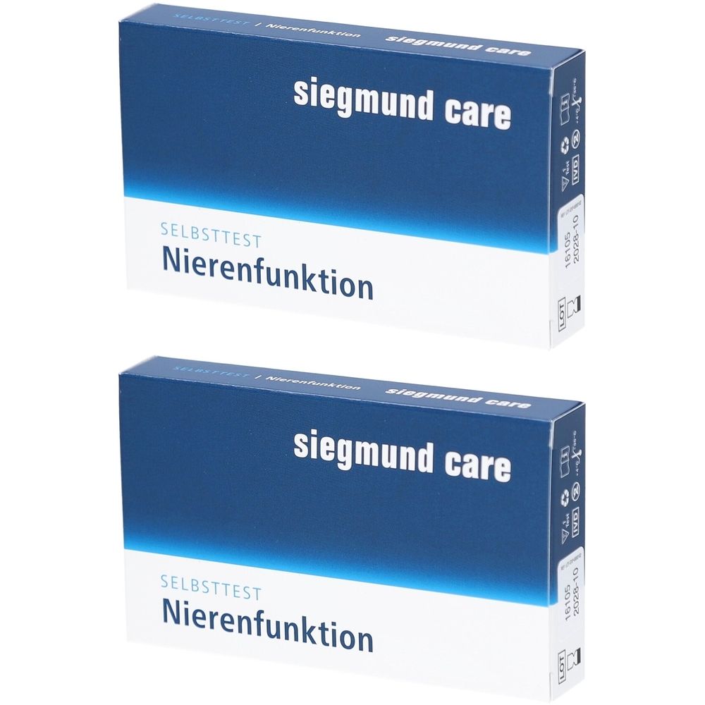Zwei Schachteln mit der Aufschrift "siegmund care". Darunter steht "Selbsttest Nierenfunktion". Blaue und weiße Verpackung.