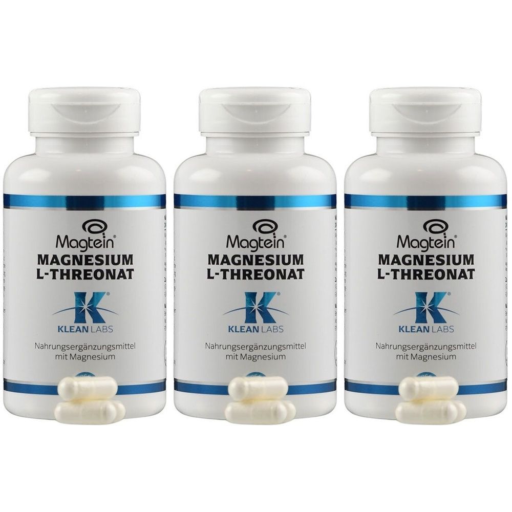 Drei weiße Flaschen mit Kapseln. Auf jeder Flasche steht "Magtein Magnesium L-Threonat" und "Klean Labs".