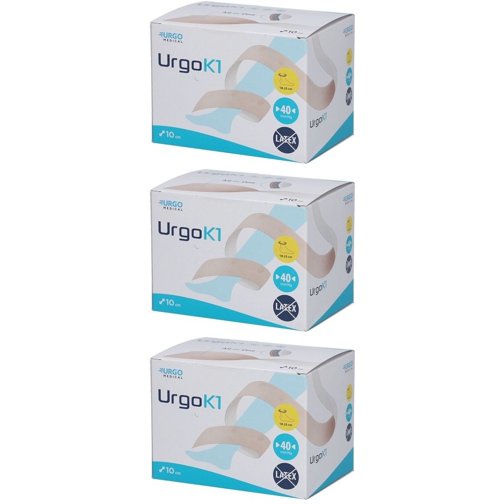 Drei Kartons mit der Aufschrift UrgoK1. Auf jedem Karton sind Produktabbildungen und Logos zu sehen. Die Verpackung ist weiß mit blauen und gelben Akzenten.