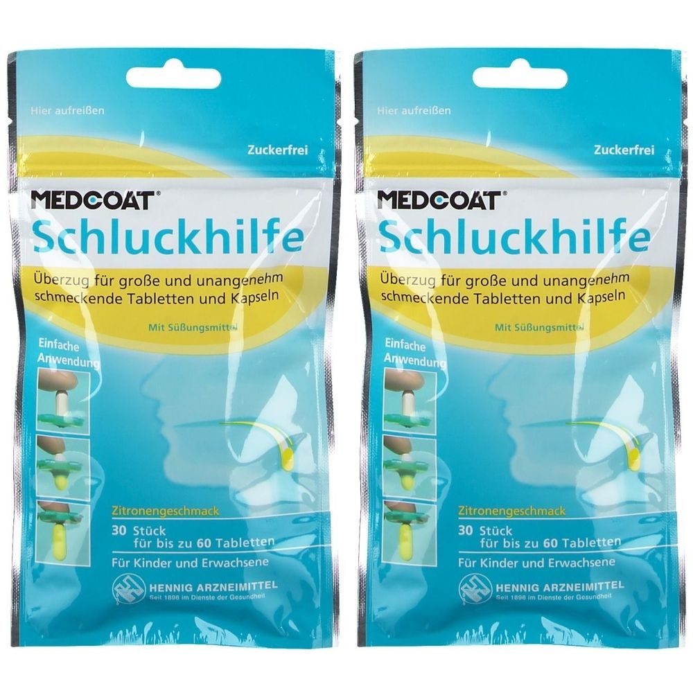 Zwei Beutel MEDCOAT Schluckhilfe. Aufschrift: Überzug für Tabletten und Kapseln. Zitronengeschmack. 30 Stück. Für Kinder und Erwachsene. Zuckerfrei.