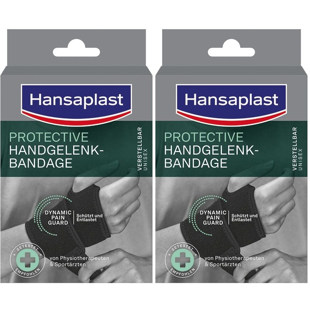 Zwei Packungen Handgelenk-Bandage. Marke: Hansaplast. Text: Protective Handgelenk-Bandage, verstellbar, Unisex. Mit Abbildung einer Handgelenkbandage.