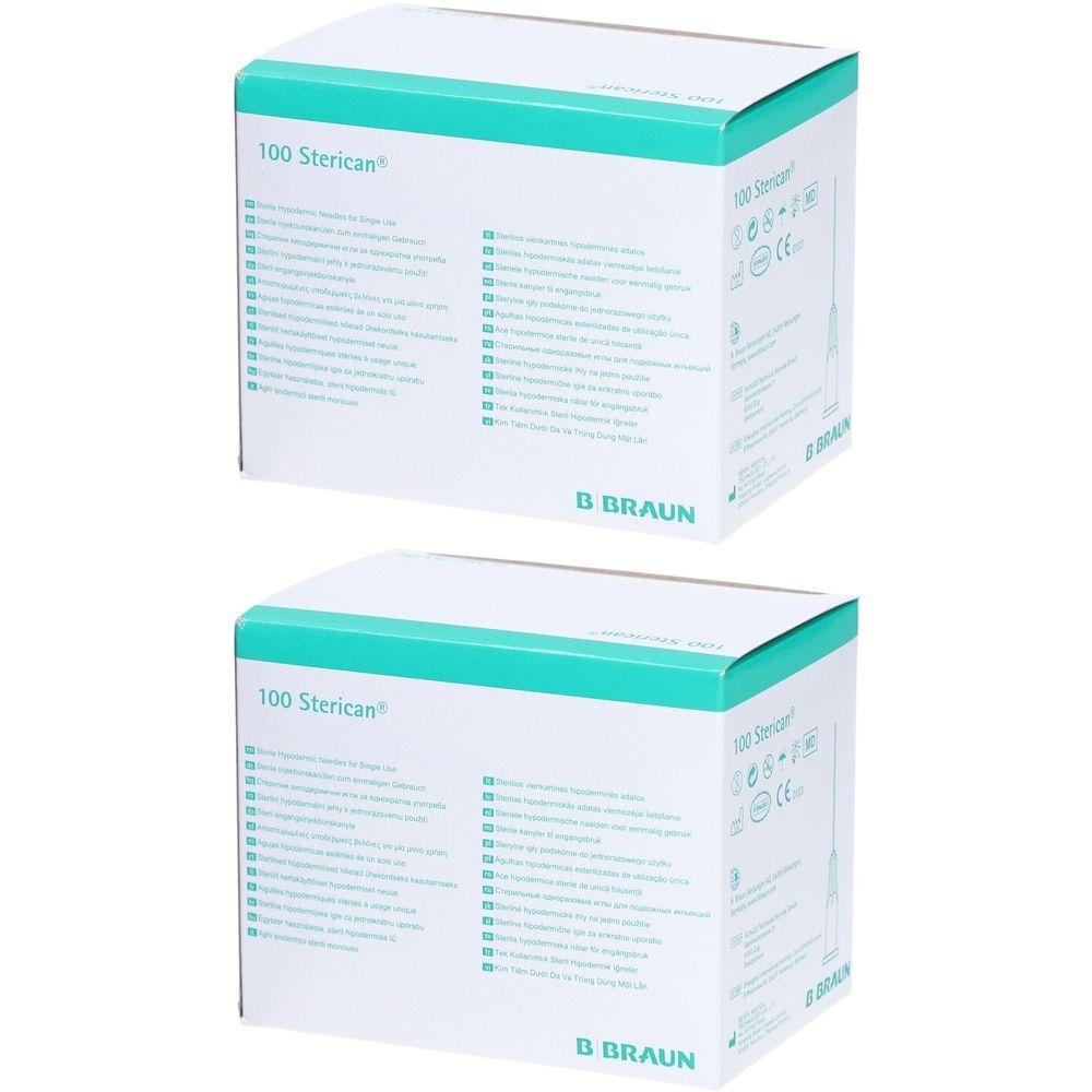 Zwei Kartons mit Produktinformationen. Aufschrift: 100 Sterican, B. Braun. Grün-weiße Verpackung.