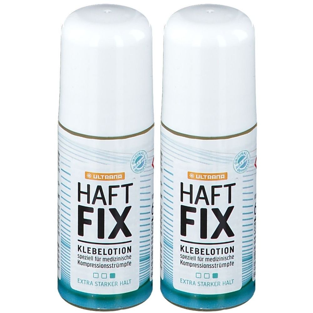 Zwei weiße Flaschen mit blauer Beschriftung. Aufschrift: HAFT FIX, KLEBELOTION. Extra starker Halt. Marke: Ultrana.