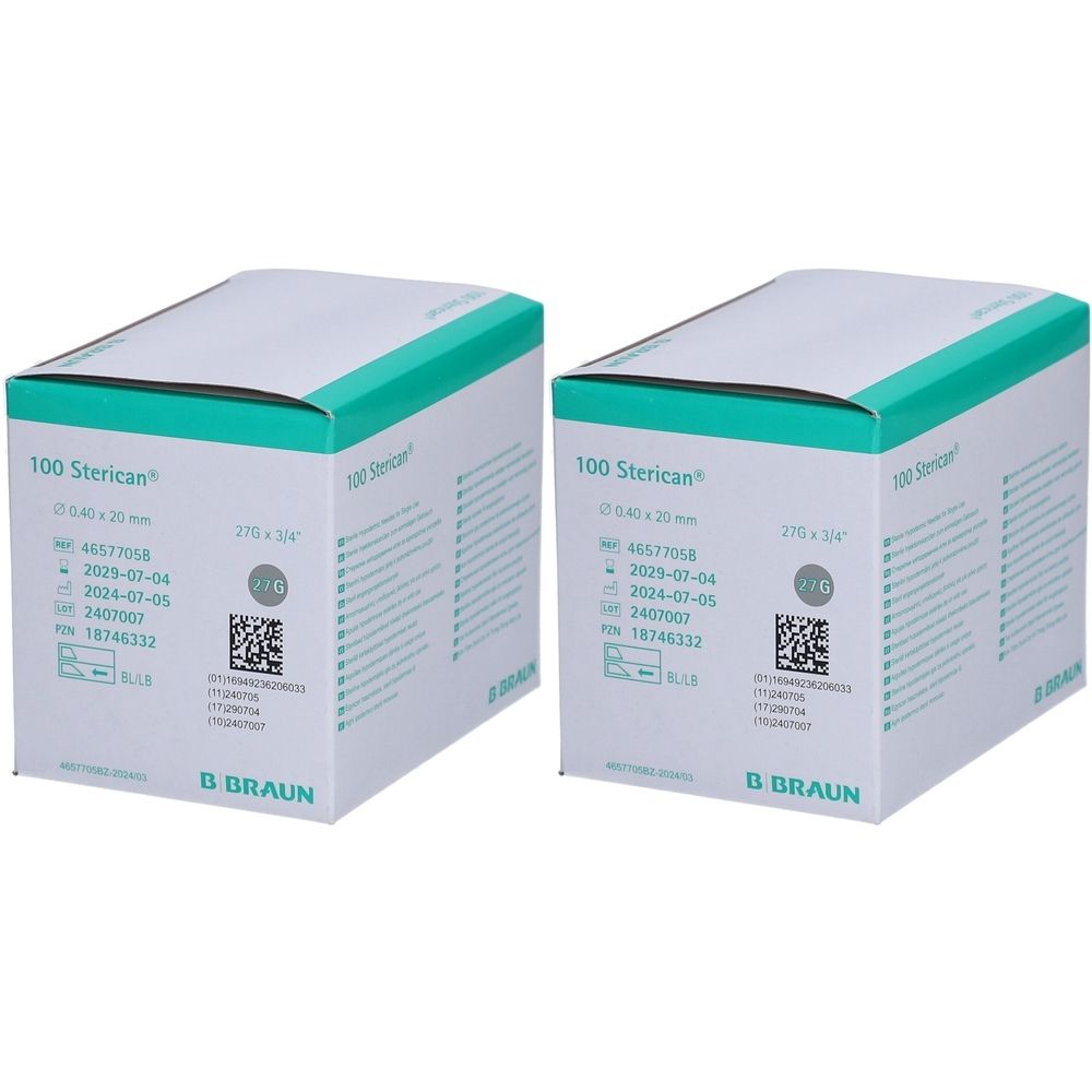 Zwei Kartons mit "100 Sterican" Beschriftung. Aufdrucke: 0,40 x 25 mm, Verfallsdatum, Chargennummer, QR-Code und "B. Braun" Logo.