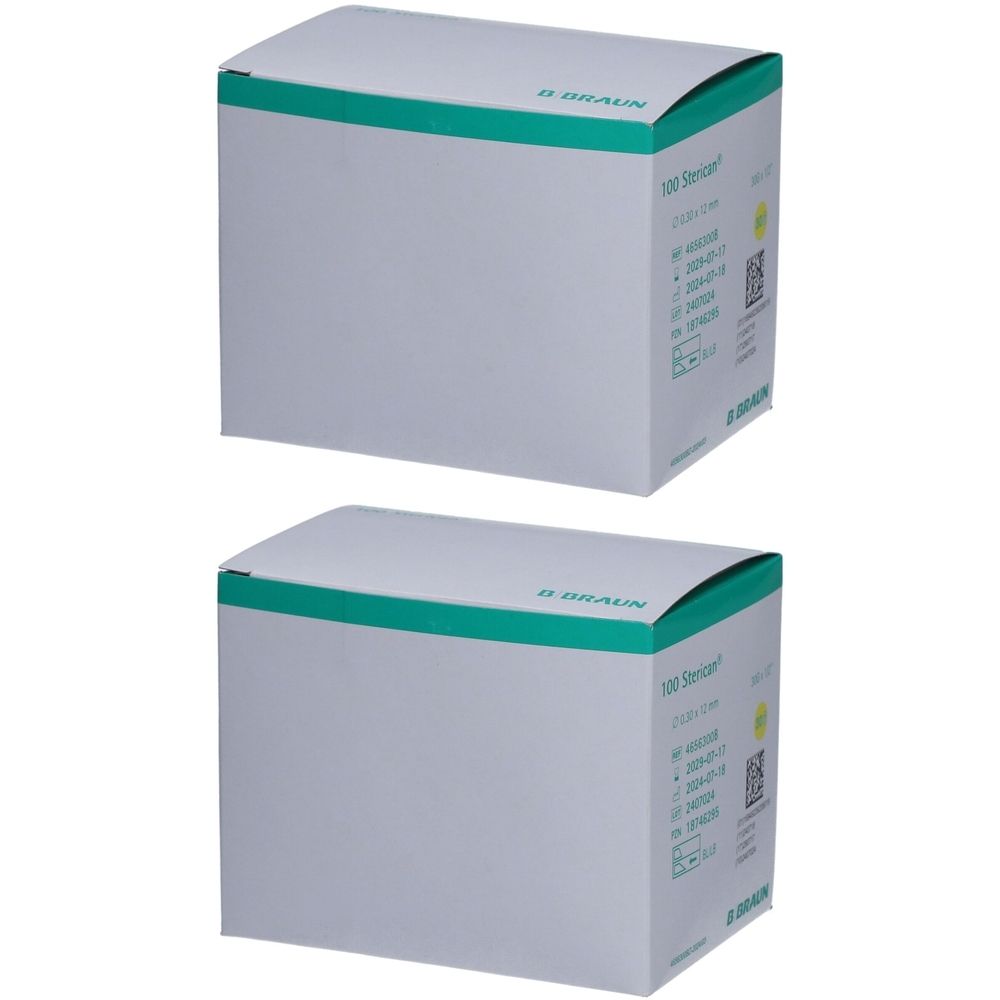 Zwei weiße Kartons mit grünen Akzenten. Auf einem Karton steht "B. BRAUN" und Produktinformationen. Verpackung für medizinische Produkte.