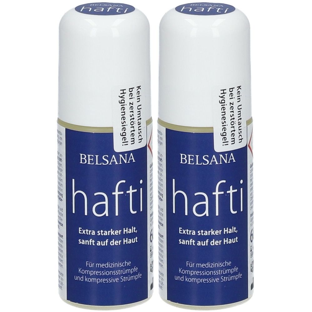 Zwei weiße Flaschen mit blauen Etiketten. Aufschrift: BELSANA hafti. Text: Extra starker Halt, sanft auf der Haut. Für medizinische Kompressionsstrümpfe.